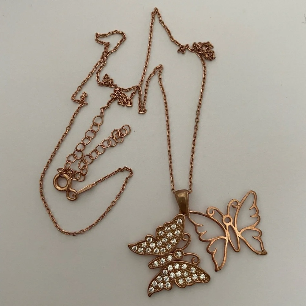 925 Silver butterfly necklace clear cz 14k rose gold plated